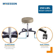 Stool with McKesson branding and specifications on weight capacity, base size, and caster design.