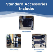Wheelchair accessories including a personal bag, drink holder, and reversible seat backrest on a white background with blue accents.