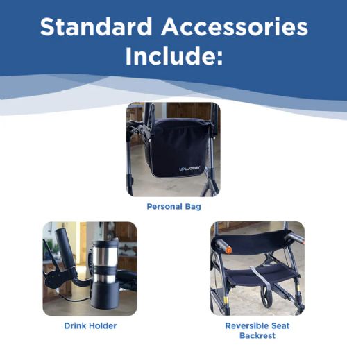 Wheelchair accessories including a personal bag, drink holder, and reversible seat backrest on a white background with blue accents.