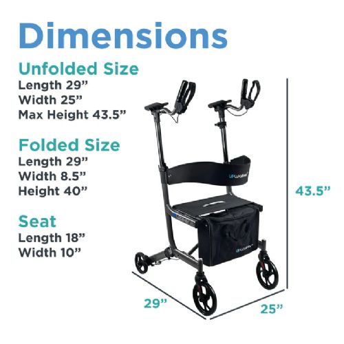 Dimensions of a mobility scooter with text labels on a white background
