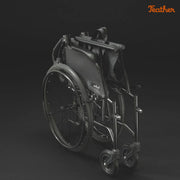 Black wheelchair on a dark background with 'Feather' branding.