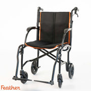 Black and orange wheelchair on a white background with 'Feather' branding.