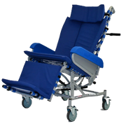 A blue and silver adjustable hospital bed with a headrest, side rails, and a footrest, shown on a plain white background.
