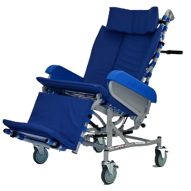 A blue and silver adjustable hospital bed with a headrest, side rails, and a footrest, shown on a plain white background.