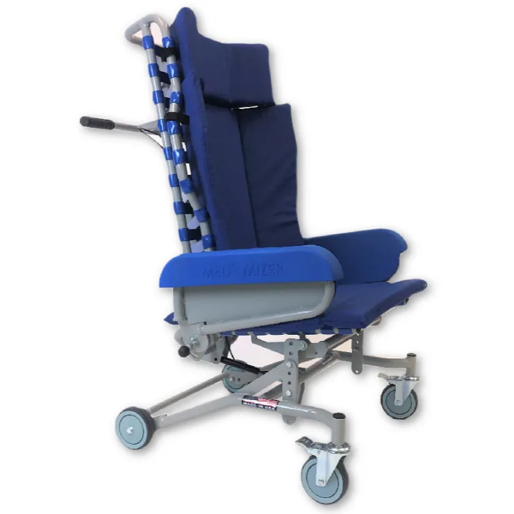 A blue and gray medical reclining chair with a headrest, padded armrests, and caster wheels, shown on a plain white background.