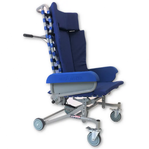A blue and gray medical reclining chair with a headrest, padded armrests, and caster wheels, shown on a plain white background.