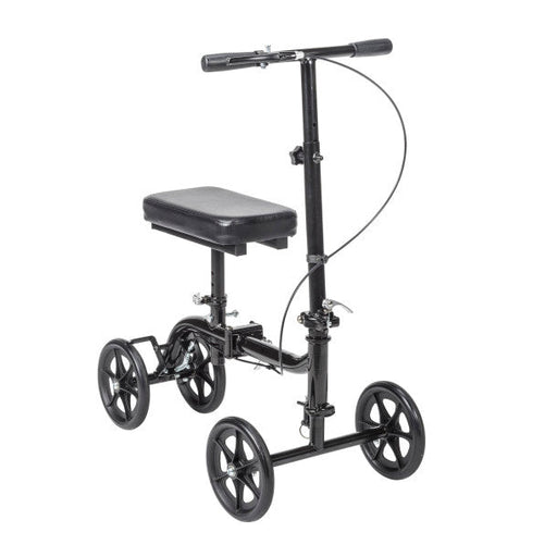 Black knee walker with a seat on a white background