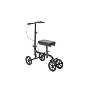 Black knee scooter with four wheels on a white background