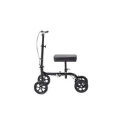 Black knee walker with wheels on a white background