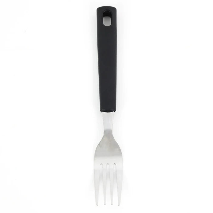 Fork with black handle on a white background
