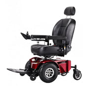 Red and black power wheelchair on a white background