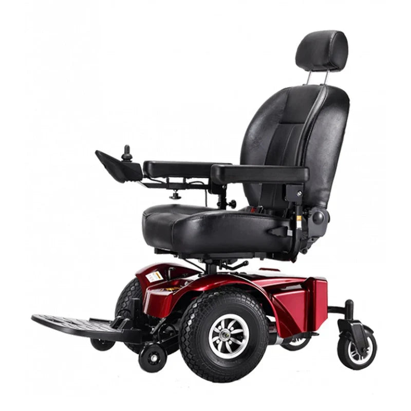 Red and black power wheelchair on a white background