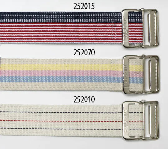 Three striped belts with metal buckles on a white background