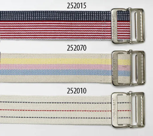 Three striped belts with metal buckles on a white background