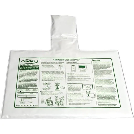 Clear plastic sensor pad with green label on a white background