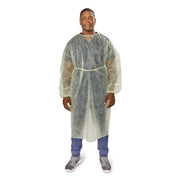 Person wearing a clear plastic protective gown on a white background
