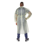 Person wearing a clear plastic protective gown on a white background