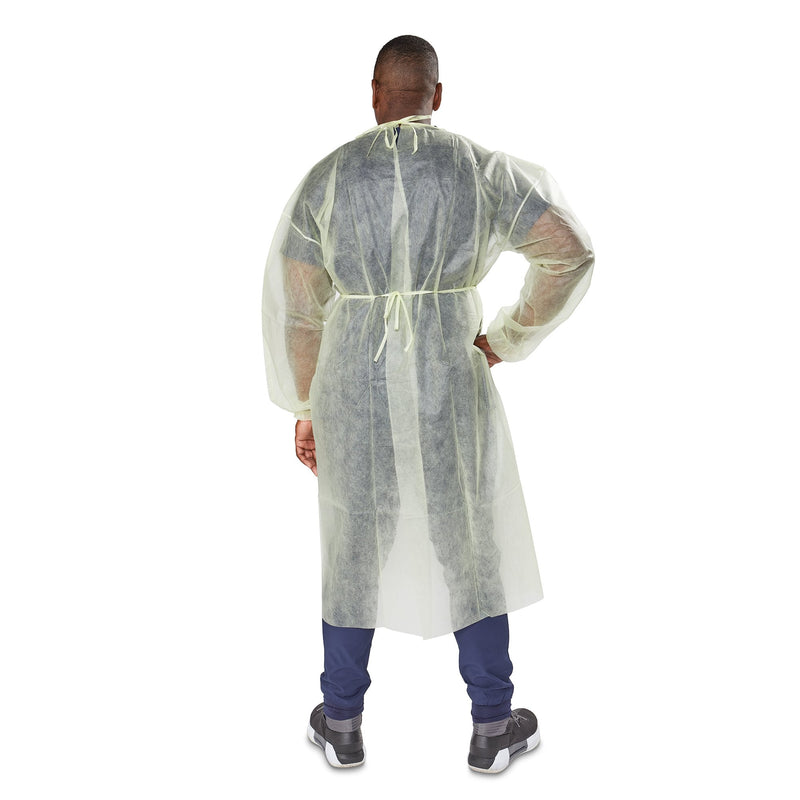 Person wearing a clear plastic protective gown on a white background