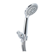 Chrome shower head with flexible hose on a white background