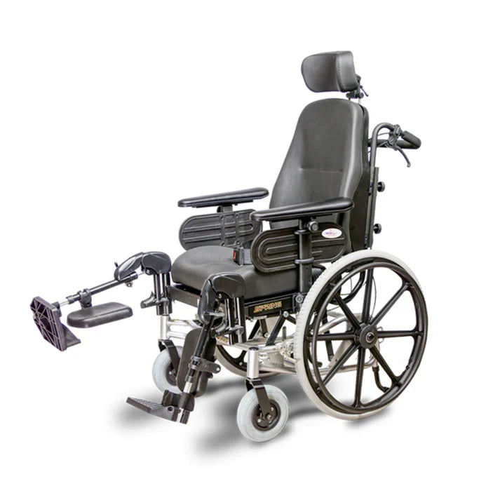 Reclining wheelchair with adjustable features on a white background