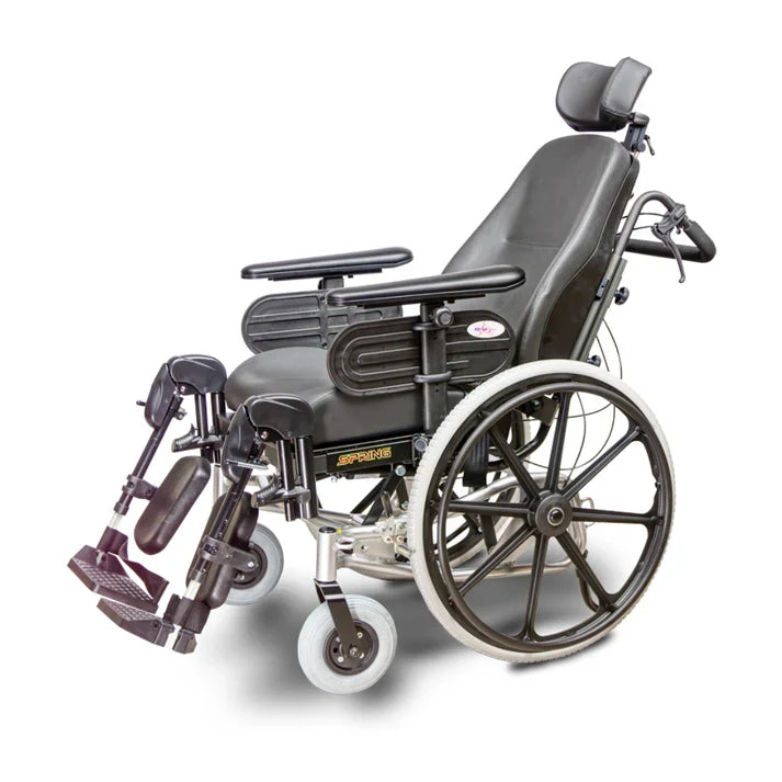 Wheelchair with various attachments on a white background