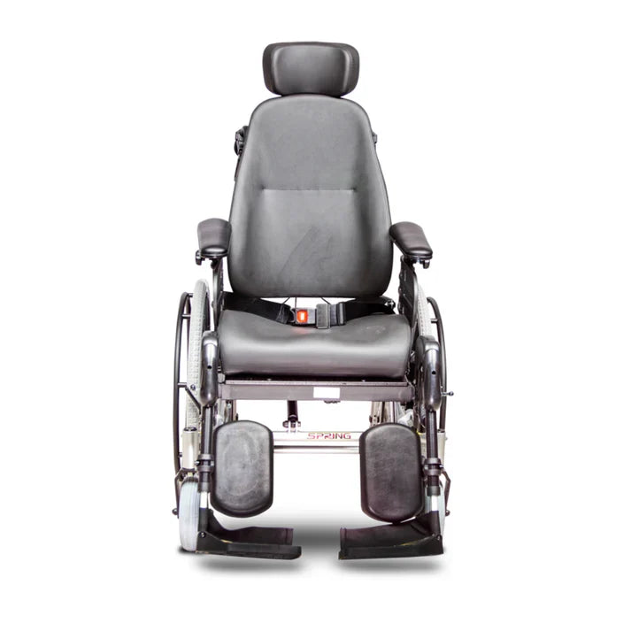 Gray wheelchair with adjustable headrest on a white background