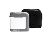 Gray electronic device with a black carrying case on a white background