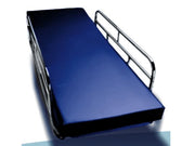Blue folding bed with metal frame on a white background