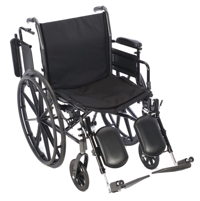 Black wheelchair with various attachments on a white background