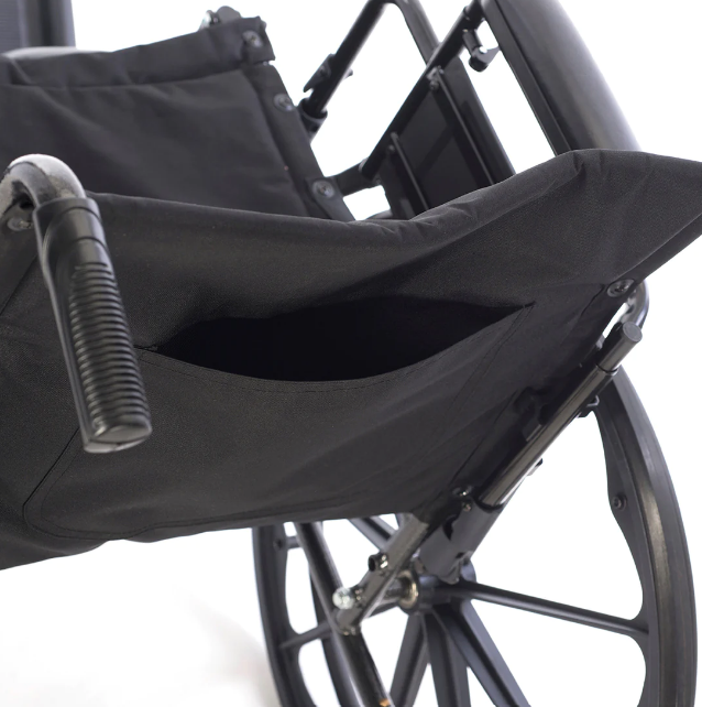 Close-up of a black wheelchair with a white background