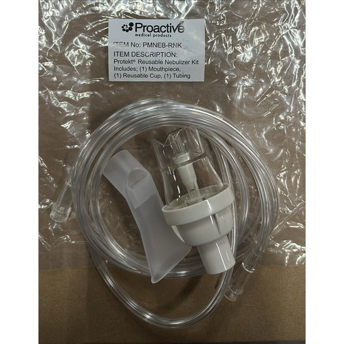 Proactive reusable nebulizer kit with clear tubing and mouthpiece on a reflective surface