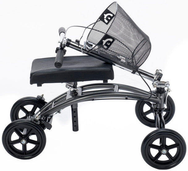 Knee walker with a basket on a white background