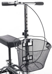knee walker with a black wire basket and seat on a white background