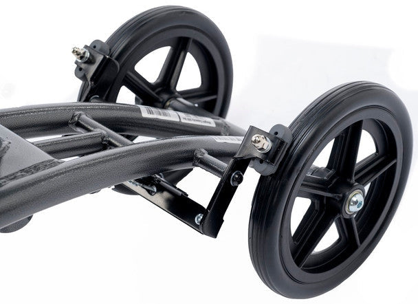 Close-up of a knee walker black wheels and frame on a white background