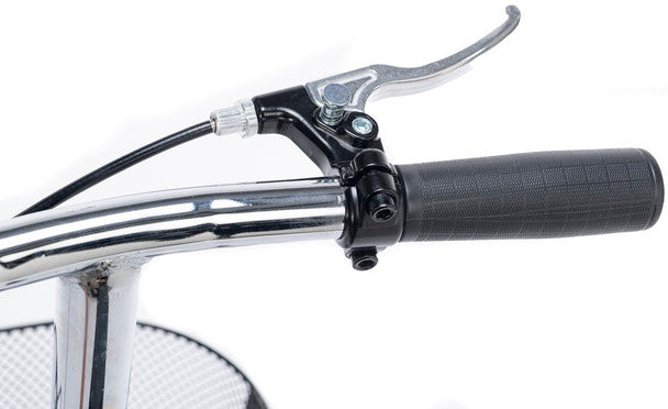 Close-up of a knee walker handlebar with black grips and chrome finish on a white background