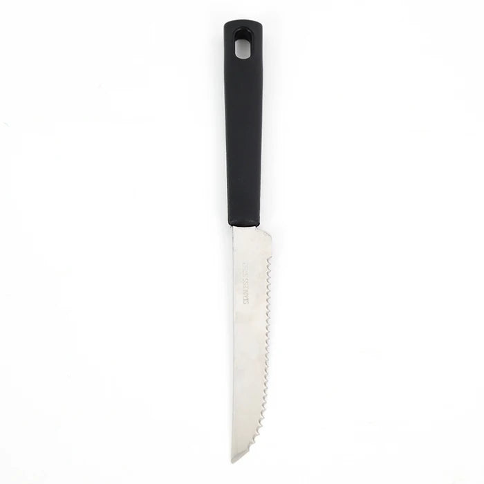 Serrated knife with black handle on a white background
