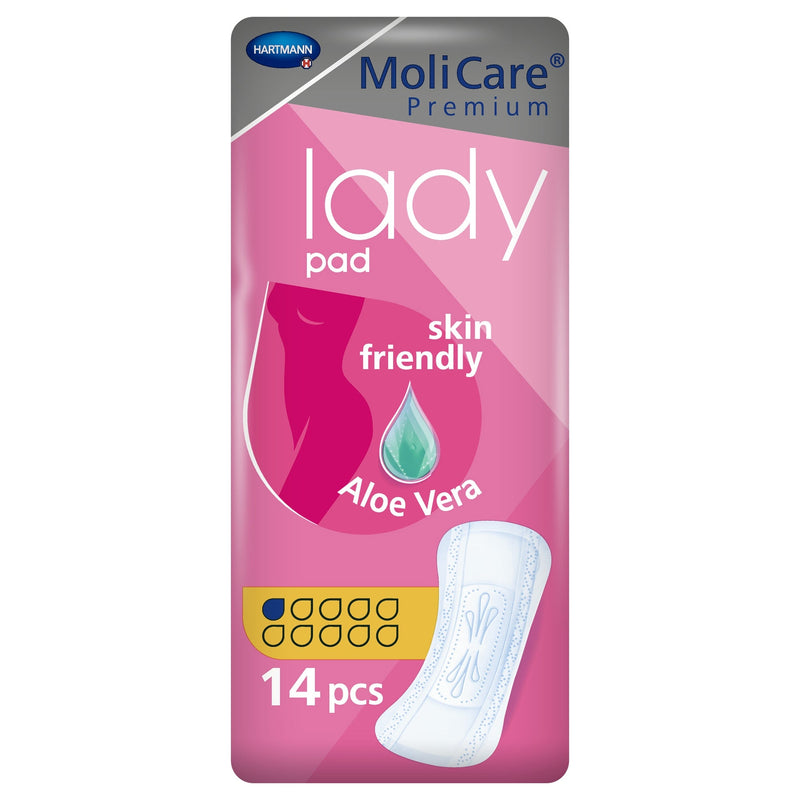 MoliCare Premium lady pad packaging with pink background and white text