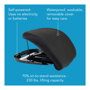 Black seat with features highlighted on a blue background