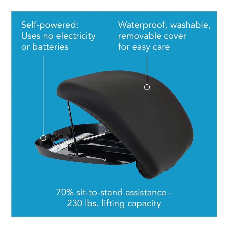 Black seat with features highlighted on a blue background