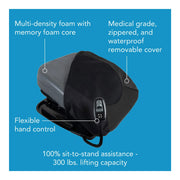 Black and gray medical device with features highlighted on a blue background
