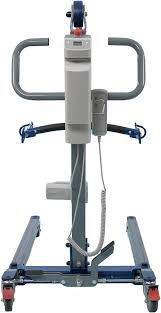 A medical or hospital bed transfer lift with a gray frame, blue base, and red caster wheels, shown against a plain white background.