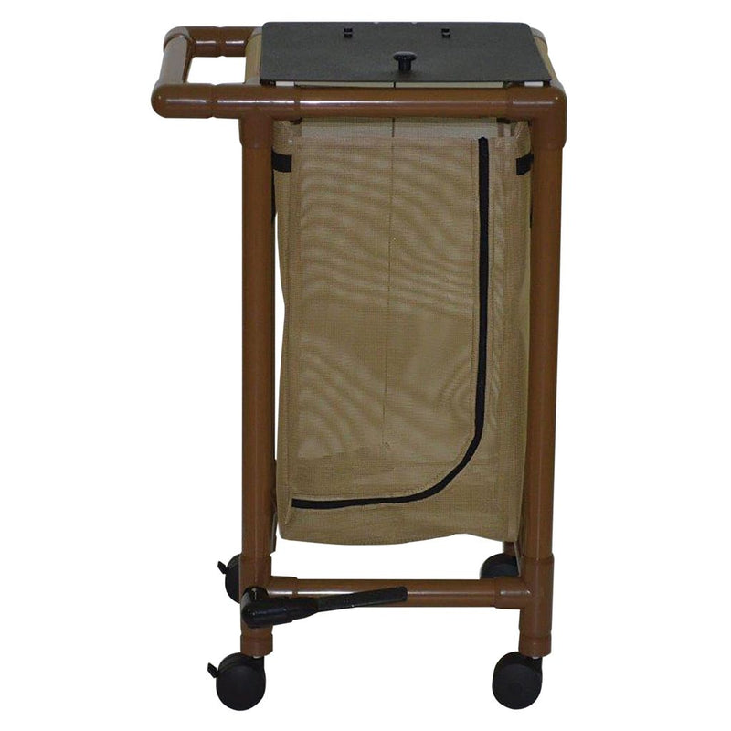 Brown laundry cart with beige bag on a white background