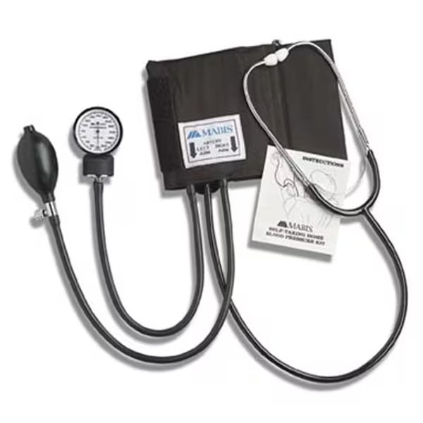 MABIS blood pressure kit with cuff, pump, and stethoscope on a white background