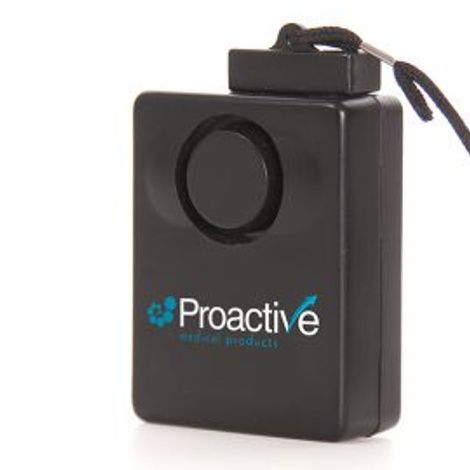 Black personal alarm with 'Proactive Safety Products' logo on a white background