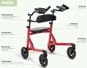 Red rollator with features highlighted on a white background