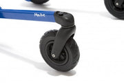 Close-up of a blue stroller wheel with 'Mailete' branding on a white background