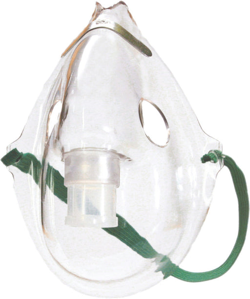 Clear oxygen mask with green straps on a white background