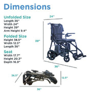 Wheelchair dimensions chart with unfolded and folded sizes displayed.