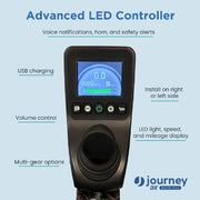 Advanced LED controller with digital display and control buttons on a light blue background, featuring the Journey Elite Max brand.