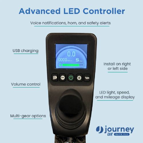Advanced LED controller with digital display and control buttons on a light blue background, featuring the Journey Elite Max brand.